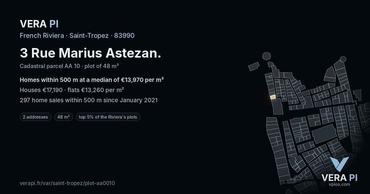 3 Rue Marius Astezan, Saint-Tropez at night – the plot lit, the parcels around coloured by the prices near them