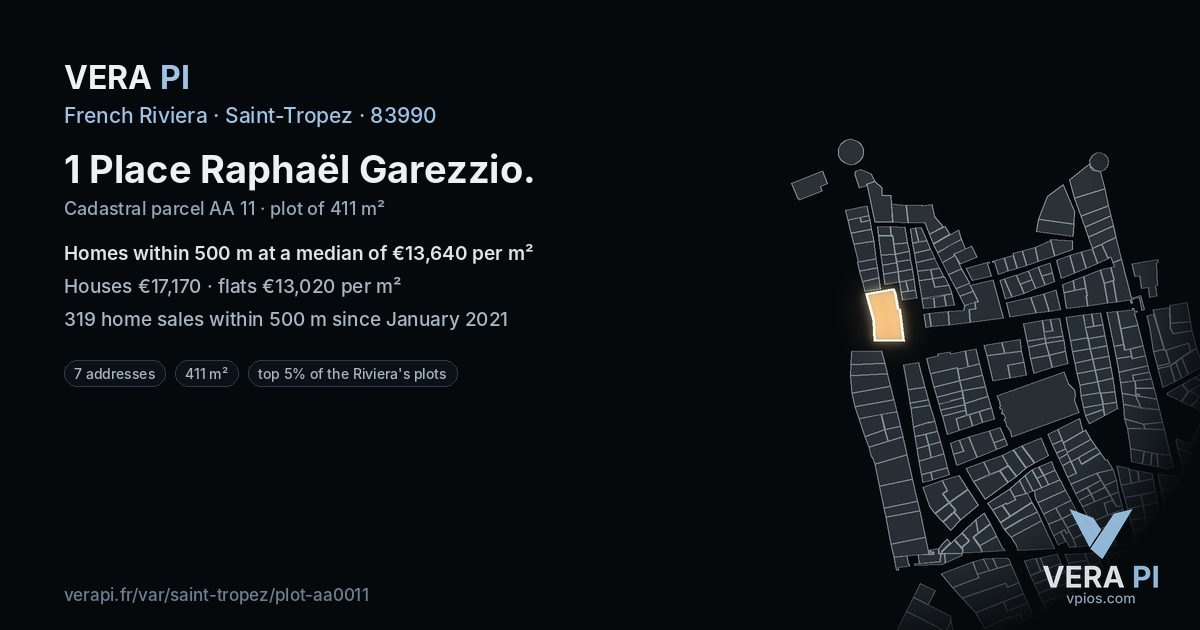 1 Place Raphaël Garezzio, Saint-Tropez at night – the plot lit, the parcels around coloured by the prices near them