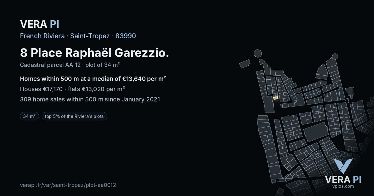 8 Place Raphaël Garezzio, Saint-Tropez at night – the plot lit, the parcels around coloured by the prices near them