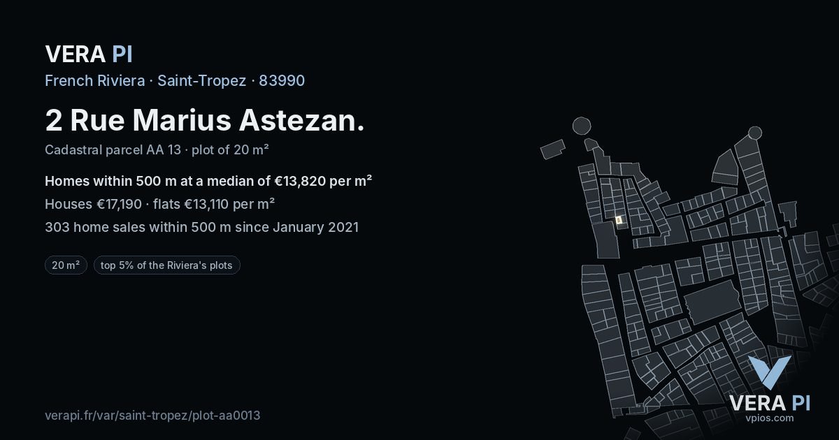 2 Rue Marius Astezan, Saint-Tropez at night – the plot lit, the parcels around coloured by the prices near them