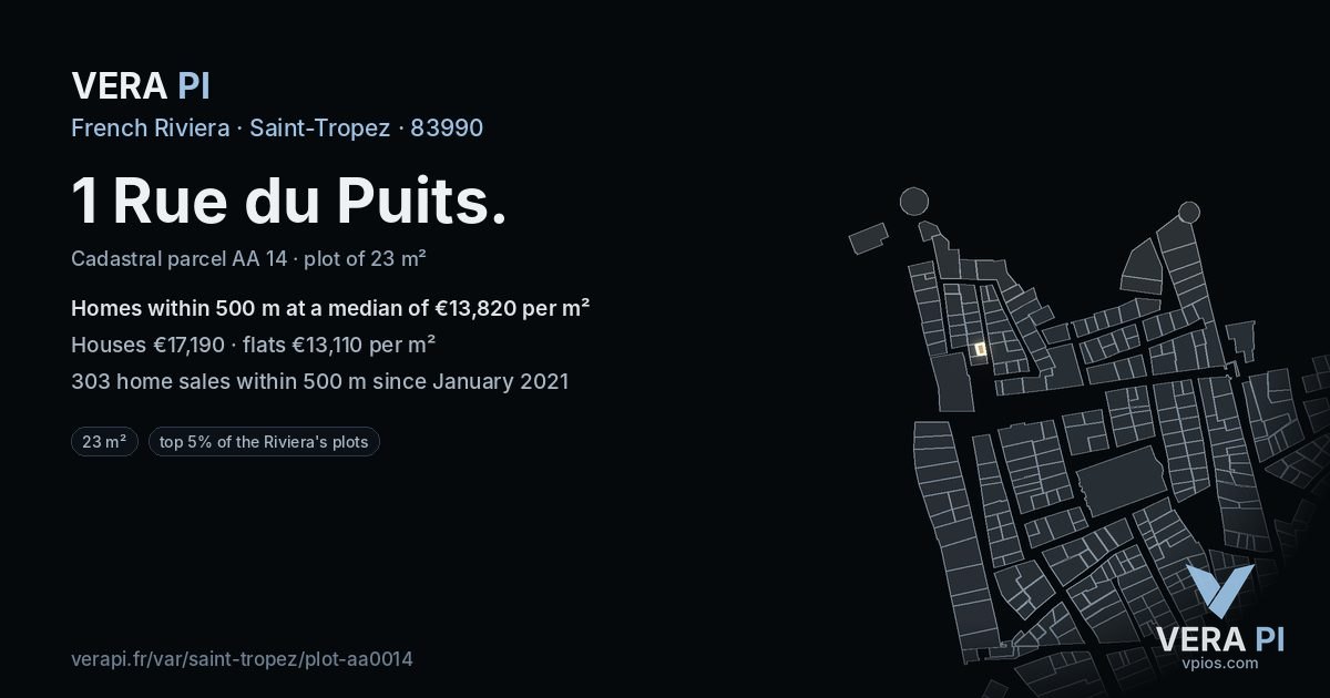 1 Rue du Puits, Saint-Tropez at night – the plot lit, the parcels around coloured by the prices near them
