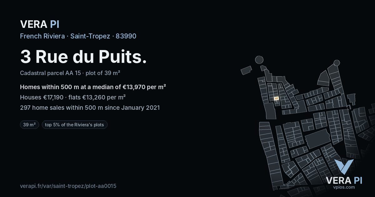 3 Rue du Puits, Saint-Tropez at night – the plot lit, the parcels around coloured by the prices near them