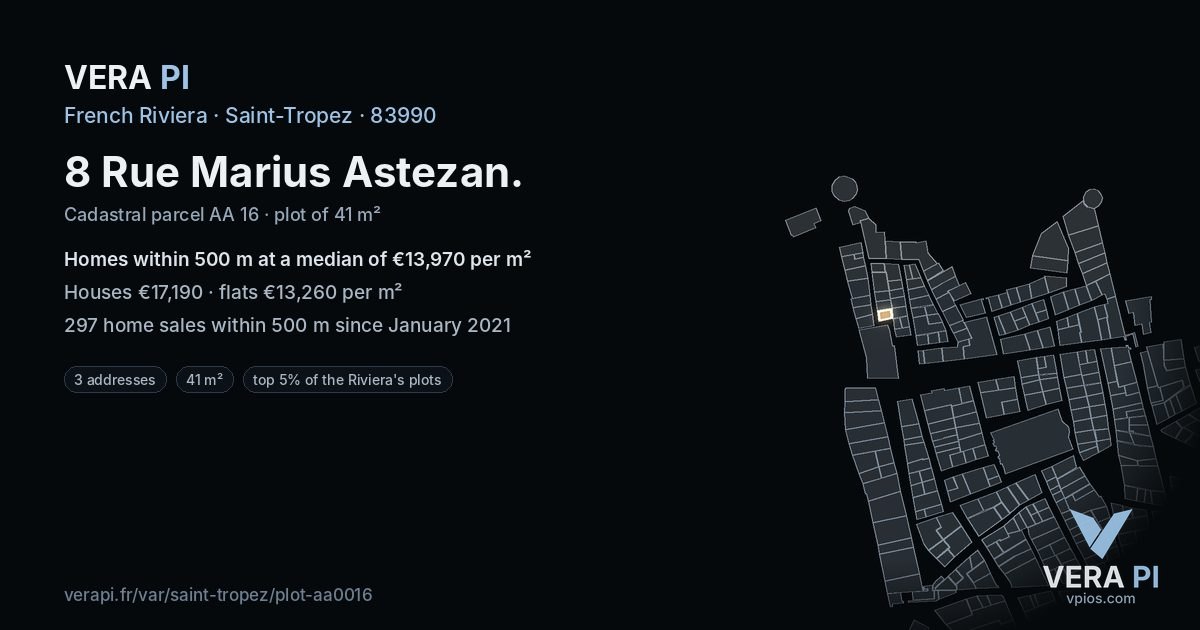 8 Rue Marius Astezan, Saint-Tropez at night – the plot lit, the parcels around coloured by the prices near them