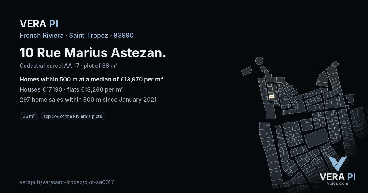 10 Rue Marius Astezan, Saint-Tropez at night – the plot lit, the parcels around coloured by the prices near them