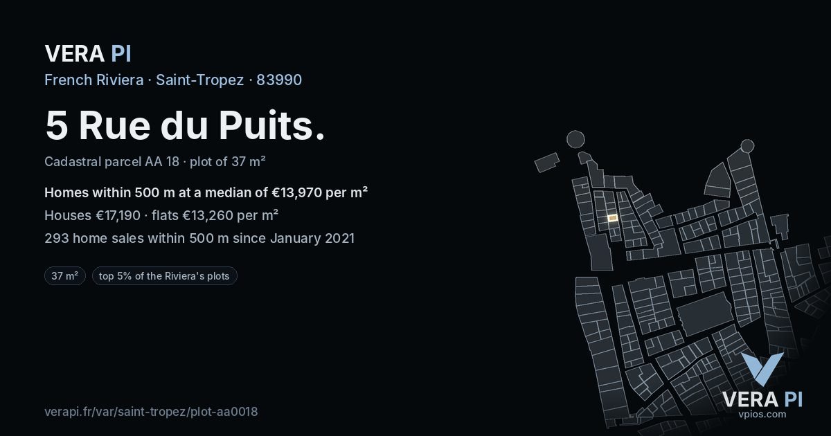 5 Rue du Puits, Saint-Tropez at night – the plot lit, the parcels around coloured by the prices near them