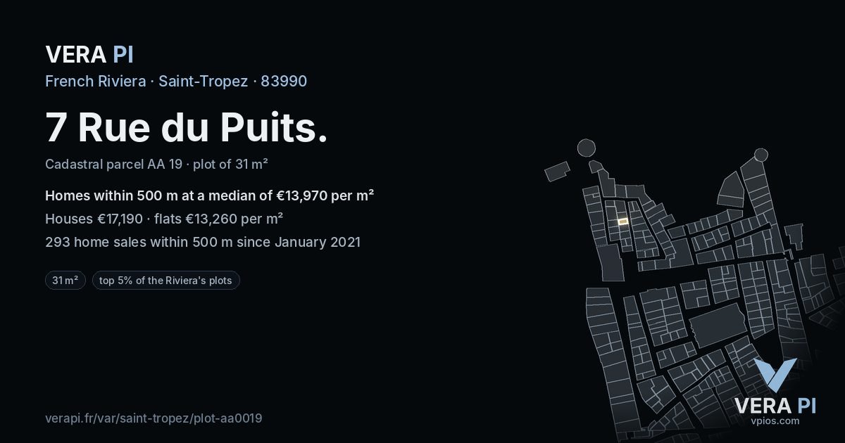 7 Rue du Puits, Saint-Tropez at night – the plot lit, the parcels around coloured by the prices near them