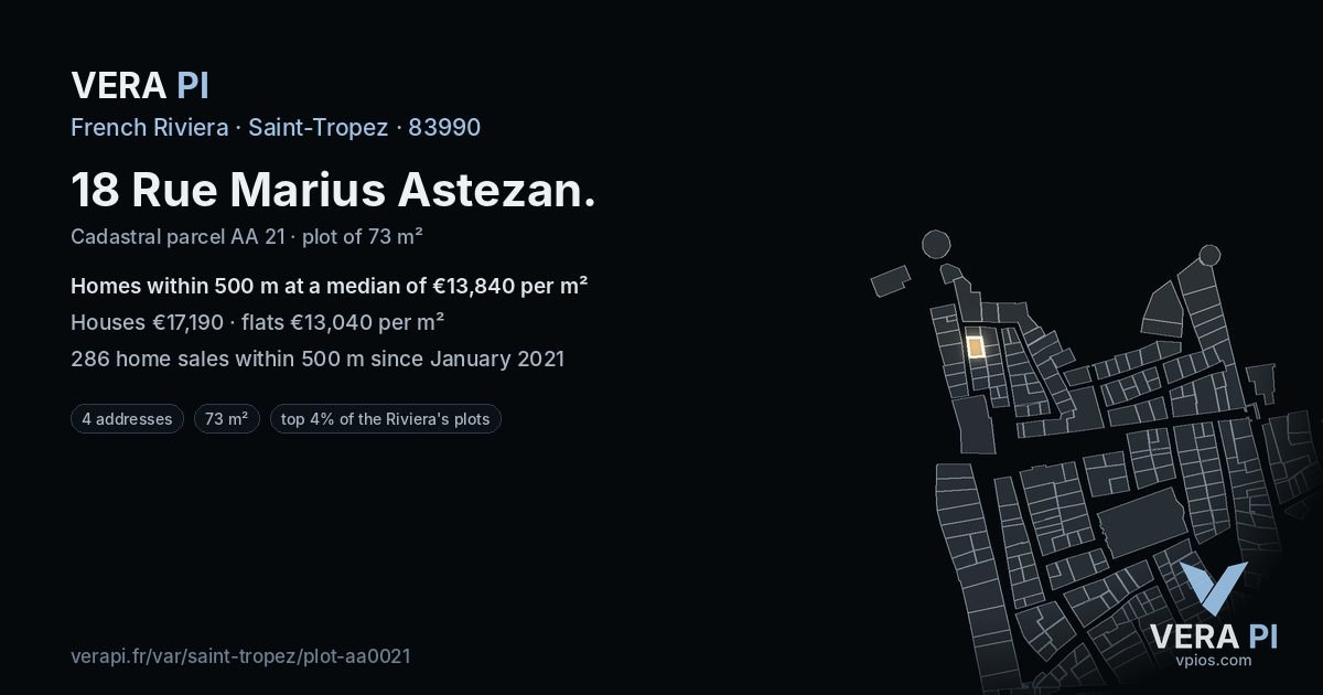18 Rue Marius Astezan, Saint-Tropez at night – the plot lit, the parcels around coloured by the prices near them