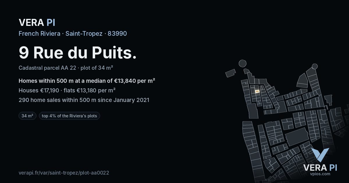 9 Rue du Puits, Saint-Tropez at night – the plot lit, the parcels around coloured by the prices near them