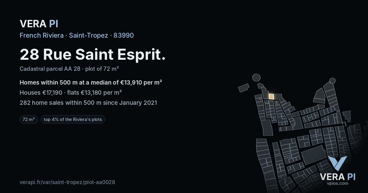 28 Rue Saint Esprit, Saint-Tropez at night – the plot lit, the parcels around coloured by the prices near them
