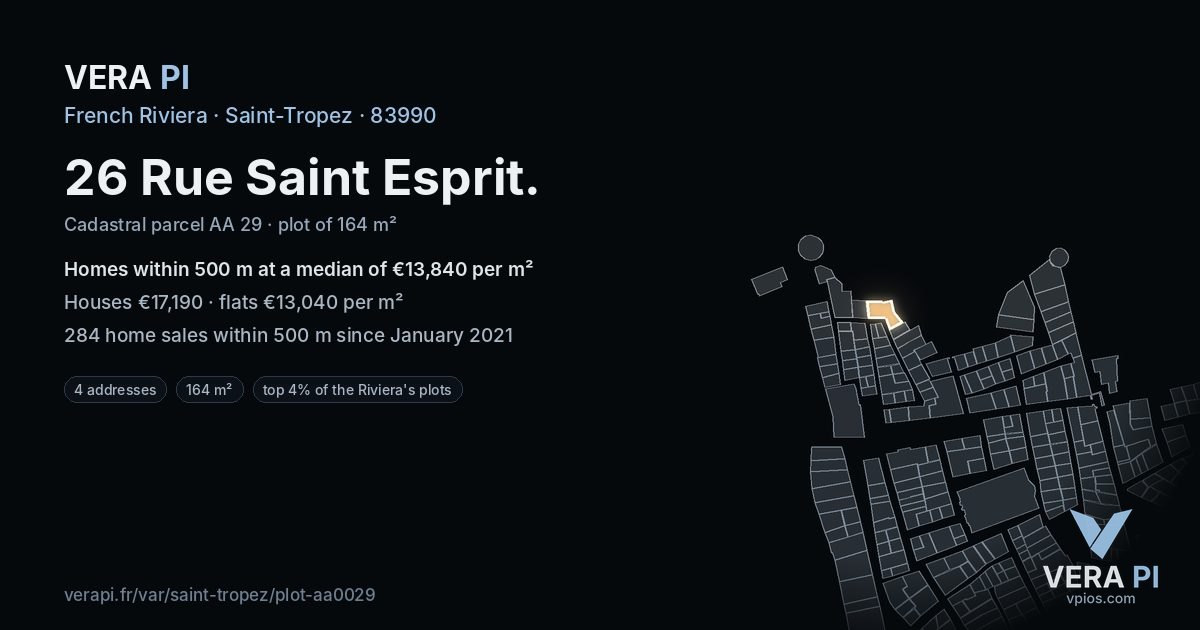 26 Rue Saint Esprit, Saint-Tropez at night – the plot lit, the parcels around coloured by the prices near them