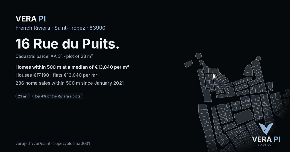 16 Rue du Puits, Saint-Tropez at night – the plot lit, the parcels around coloured by the prices near them
