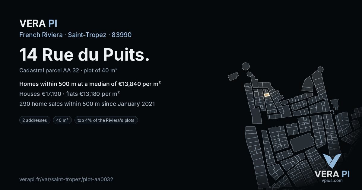 14 Rue du Puits, Saint-Tropez at night – the plot lit, the parcels around coloured by the prices near them