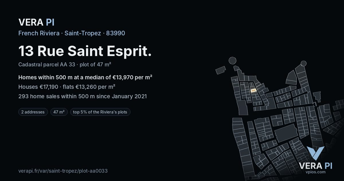 13 Rue Saint Esprit, Saint-Tropez at night – the plot lit, the parcels around coloured by the prices near them