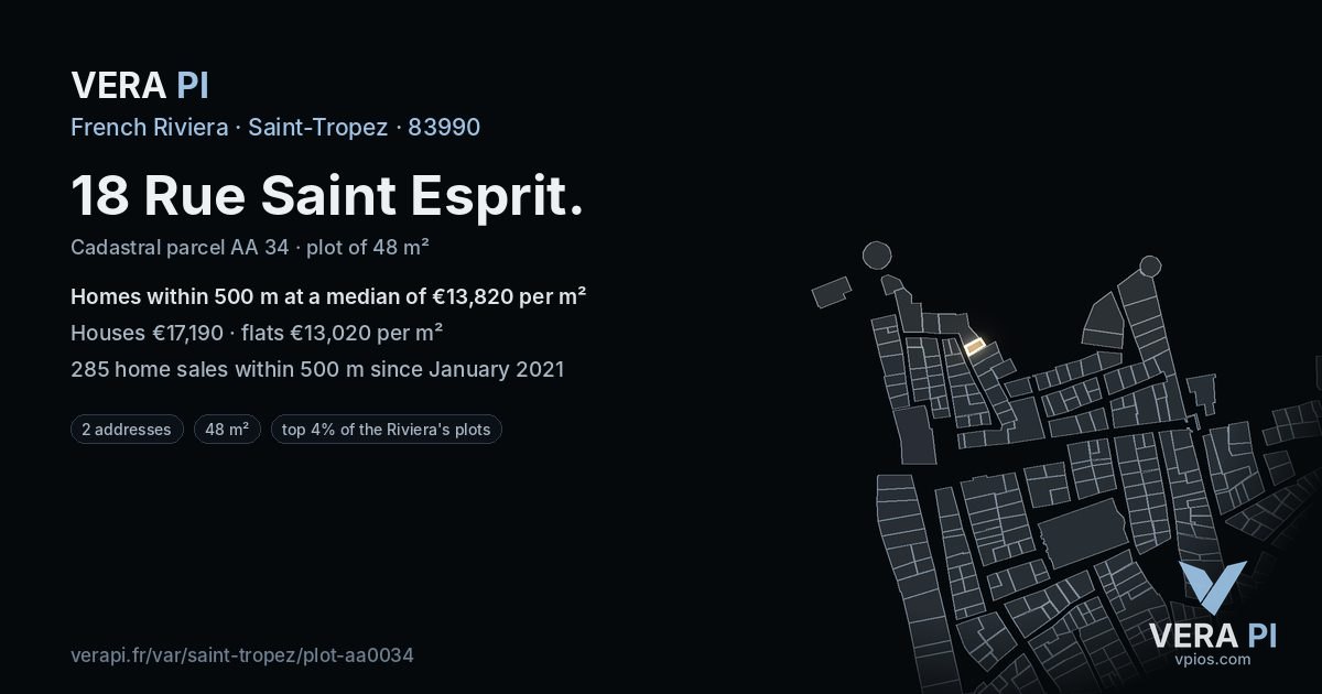 18 Rue Saint Esprit, Saint-Tropez at night – the plot lit, the parcels around coloured by the prices near them