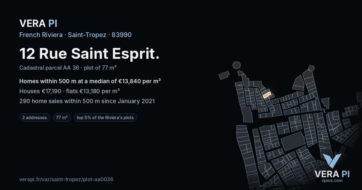 12 Rue Saint Esprit, Saint-Tropez at night – the plot lit, the parcels around coloured by the prices near them