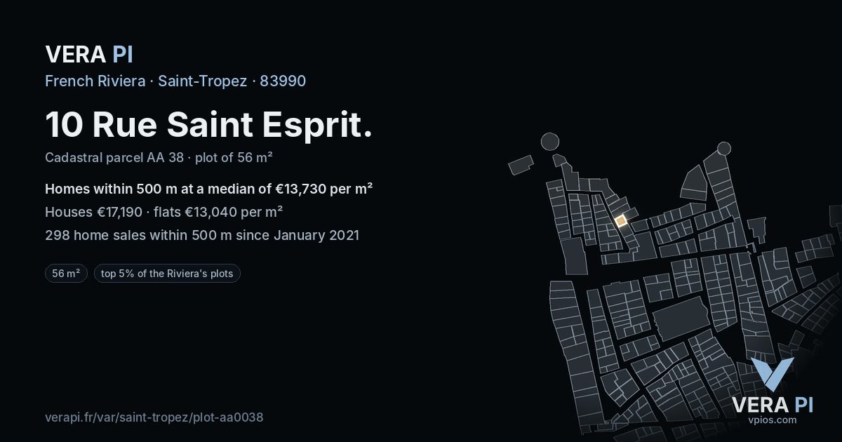 10 Rue Saint Esprit, Saint-Tropez at night – the plot lit, the parcels around coloured by the prices near them