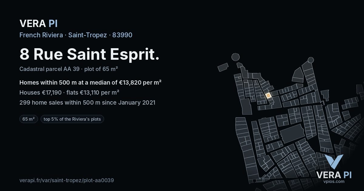8 Rue Saint Esprit, Saint-Tropez at night – the plot lit, the parcels around coloured by the prices near them