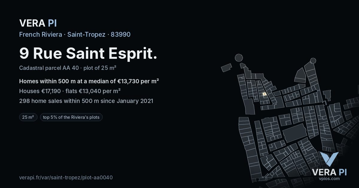 9 Rue Saint Esprit, Saint-Tropez at night – the plot lit, the parcels around coloured by the prices near them
