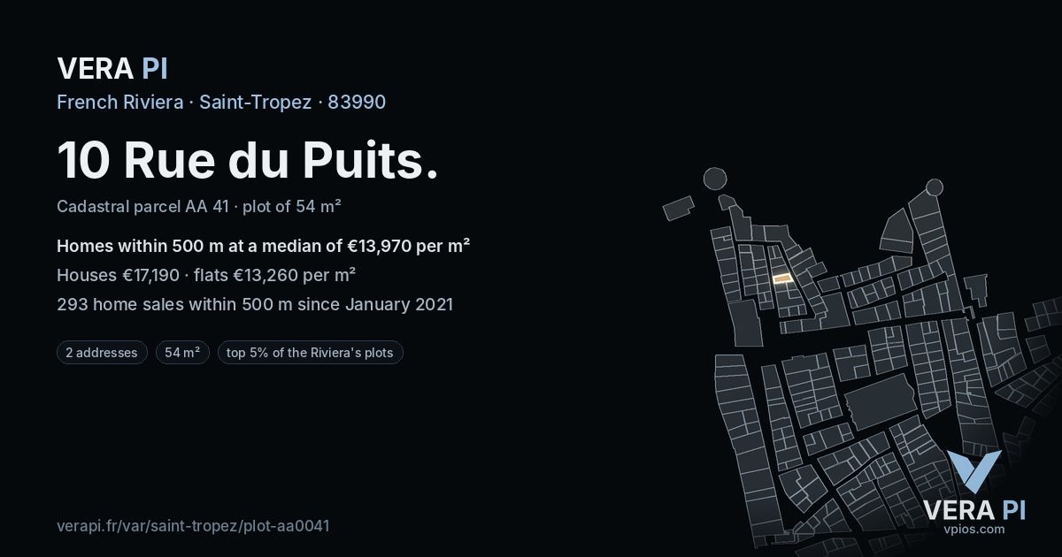 10 Rue du Puits, Saint-Tropez at night – the plot lit, the parcels around coloured by the prices near them