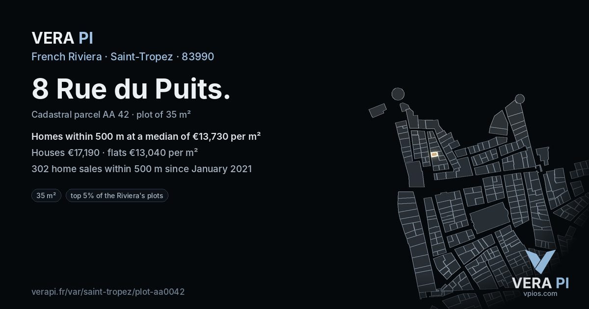 8 Rue du Puits, Saint-Tropez at night – the plot lit, the parcels around coloured by the prices near them