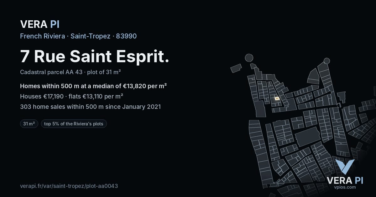 7 Rue Saint Esprit, Saint-Tropez at night – the plot lit, the parcels around coloured by the prices near them