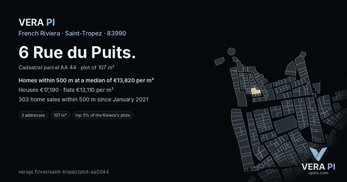 6 Rue du Puits, Saint-Tropez at night – the plot lit, the parcels around coloured by the prices near them