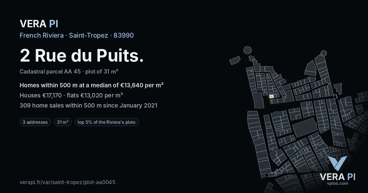 2 Rue du Puits, Saint-Tropez at night – the plot lit, the parcels around coloured by the prices near them