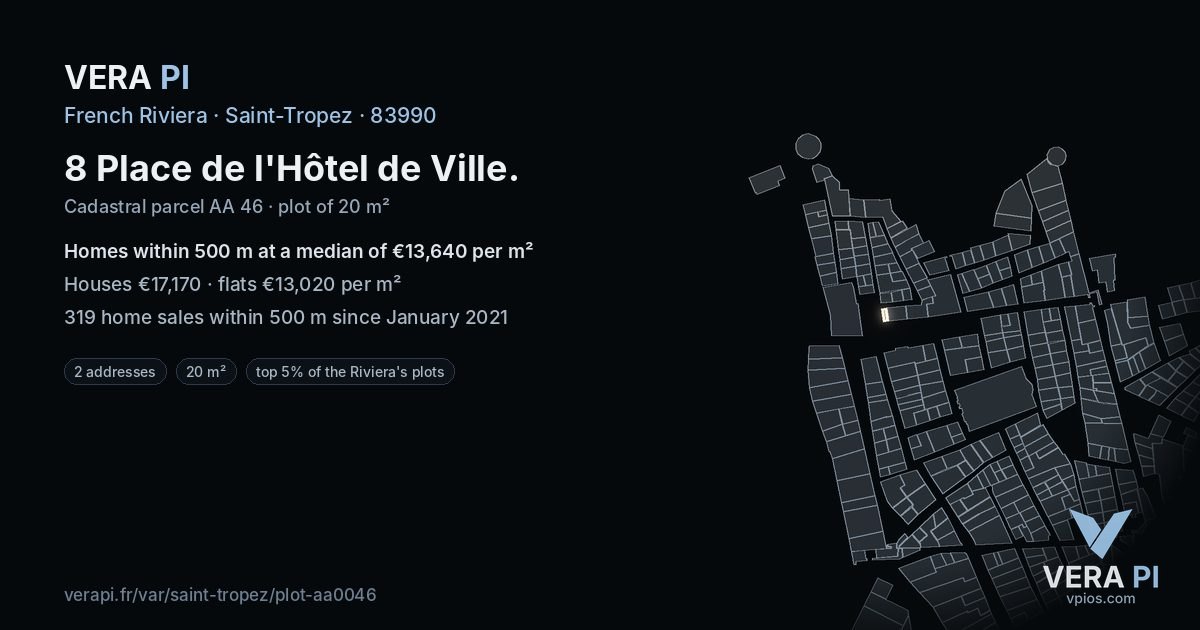 8 Place de l'Hôtel de Ville, Saint-Tropez at night – the plot lit, the parcels around coloured by the prices near them