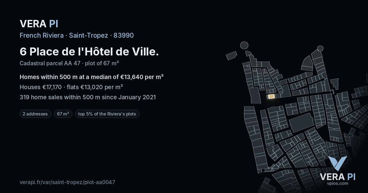 6 Place de l'Hôtel de Ville, Saint-Tropez at night – the plot lit, the parcels around coloured by the prices near them