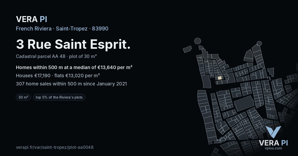 3 Rue Saint Esprit, Saint-Tropez at night – the plot lit, the parcels around coloured by the prices near them
