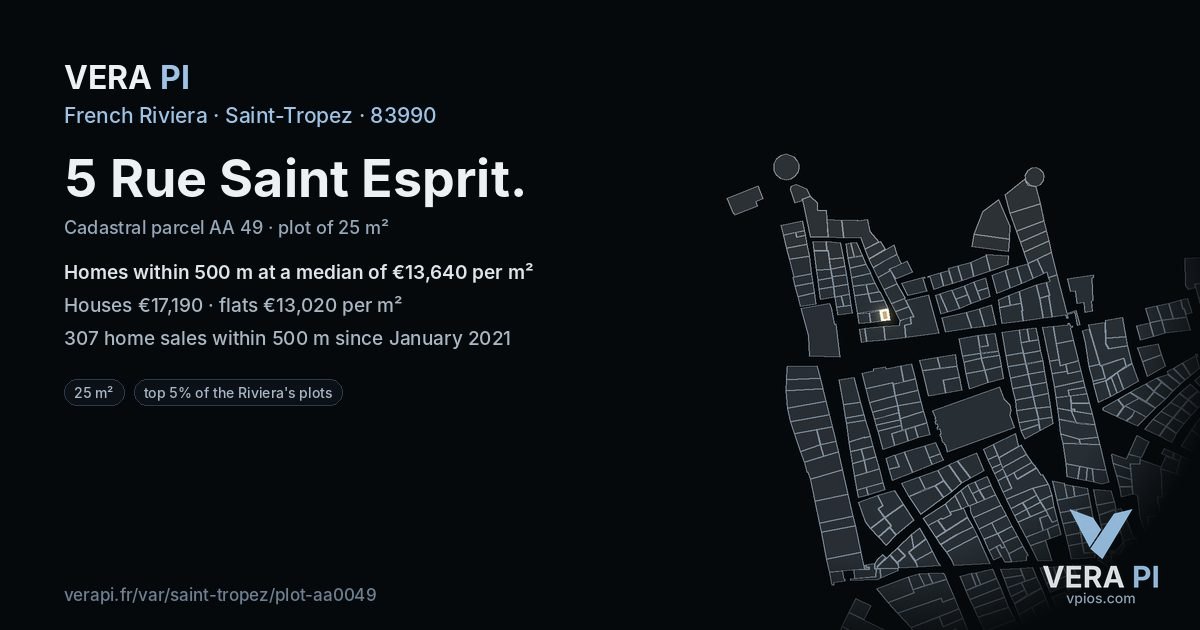 5 Rue Saint Esprit, Saint-Tropez at night – the plot lit, the parcels around coloured by the prices near them