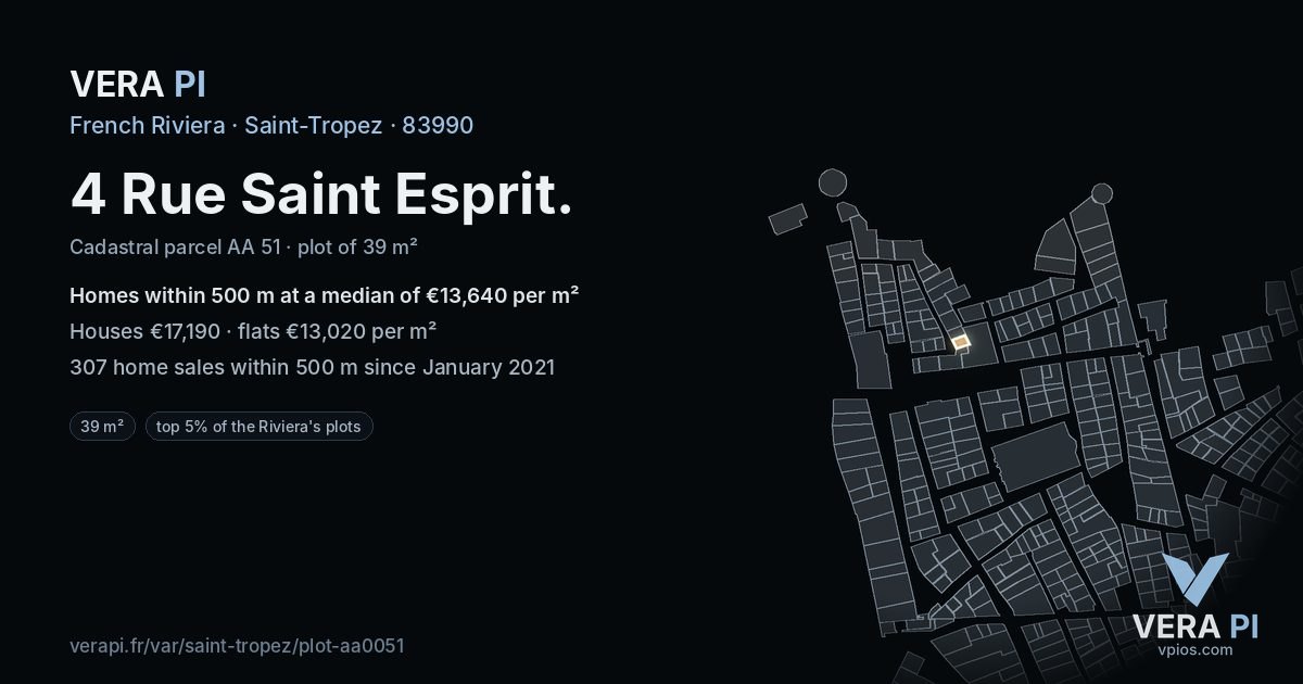 4 Rue Saint Esprit, Saint-Tropez at night – the plot lit, the parcels around coloured by the prices near them