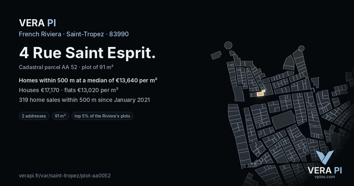4 Rue Saint Esprit, Saint-Tropez at night – the plot lit, the parcels around coloured by the prices near them