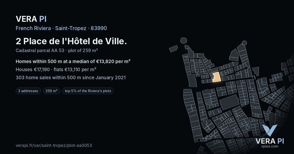 2 Place de l'Hôtel de Ville, Saint-Tropez at night – the plot lit, the parcels around coloured by the prices near them