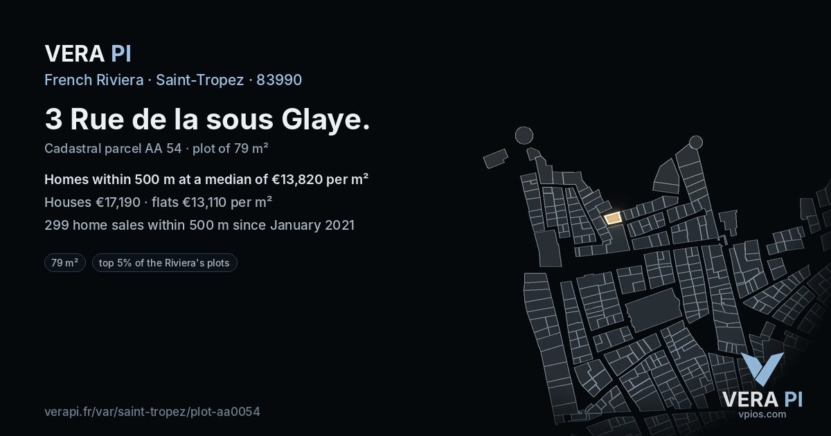 3 Rue de la sous Glaye, Saint-Tropez at night – the plot lit, the parcels around coloured by the prices near them
