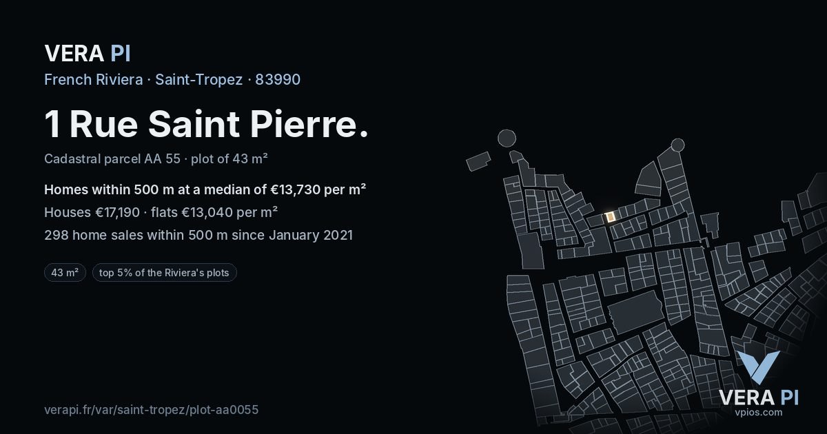 1 Rue Saint Pierre, Saint-Tropez at night – the plot lit, the parcels around coloured by the prices near them