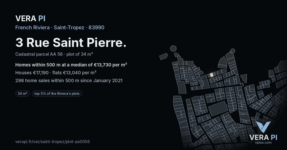 3 Rue Saint Pierre, Saint-Tropez at night – the plot lit, the parcels around coloured by the prices near them