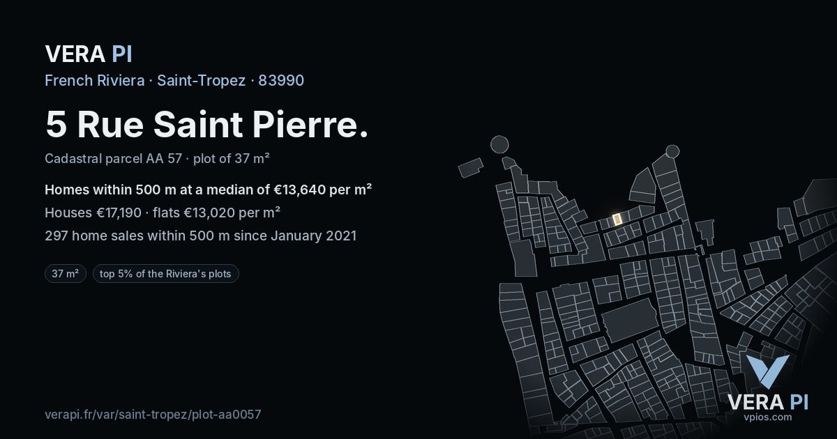 5 Rue Saint Pierre, Saint-Tropez at night – the plot lit, the parcels around coloured by the prices near them