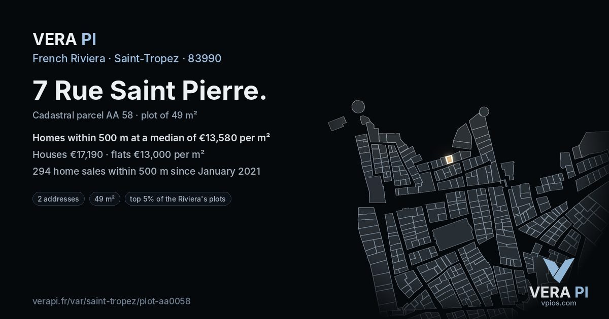 7 Rue Saint Pierre, Saint-Tropez at night – the plot lit, the parcels around coloured by the prices near them