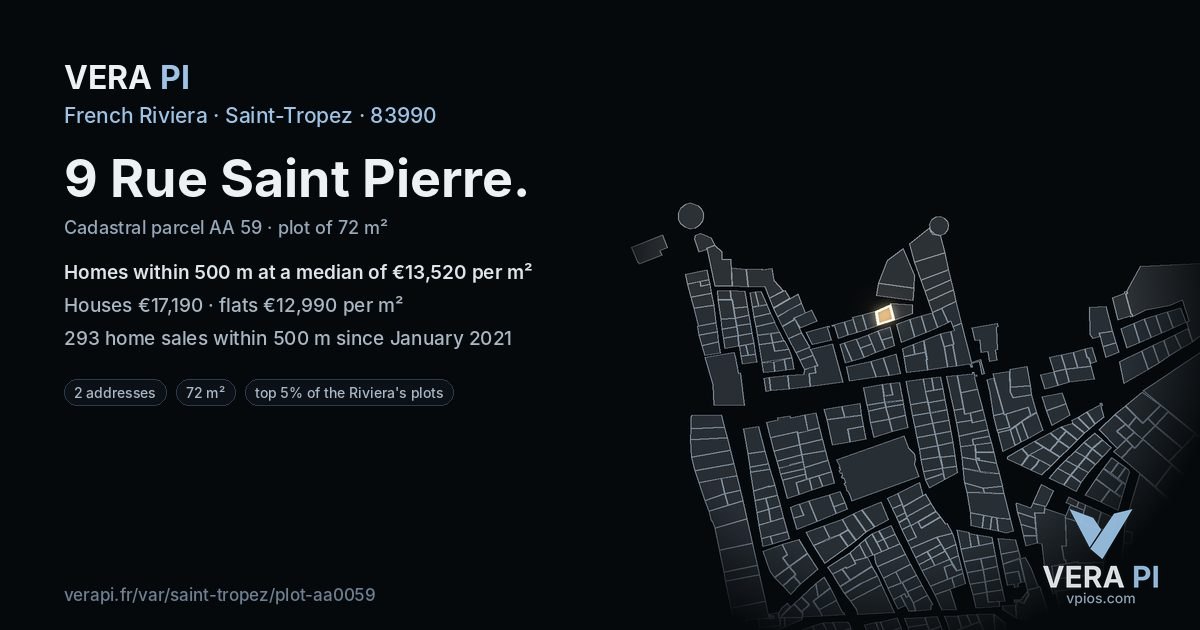 9 Rue Saint Pierre, Saint-Tropez at night – the plot lit, the parcels around coloured by the prices near them