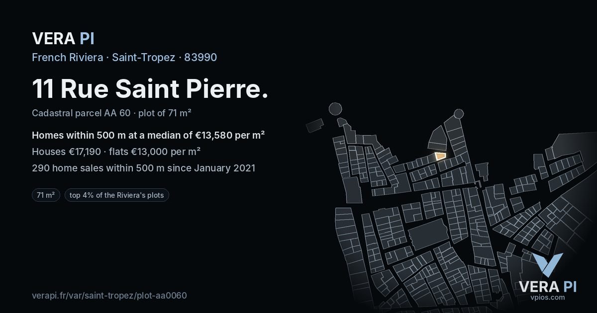 11 Rue Saint Pierre, Saint-Tropez at night – the plot lit, the parcels around coloured by the prices near them