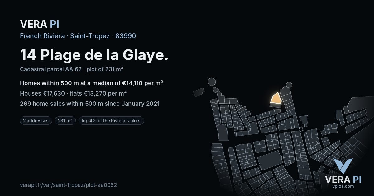 14 Plage de la Glaye, Saint-Tropez at night – the plot lit, the parcels around coloured by the prices near them