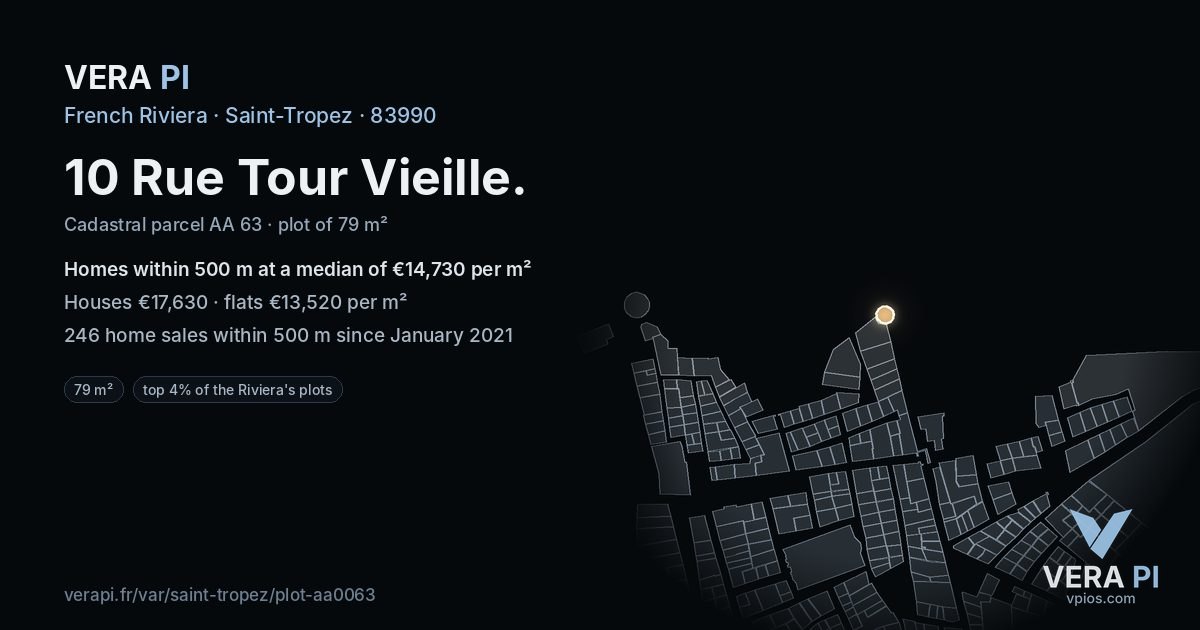 10 Rue Tour Vieille, Saint-Tropez at night – the plot lit, the parcels around coloured by the prices near them