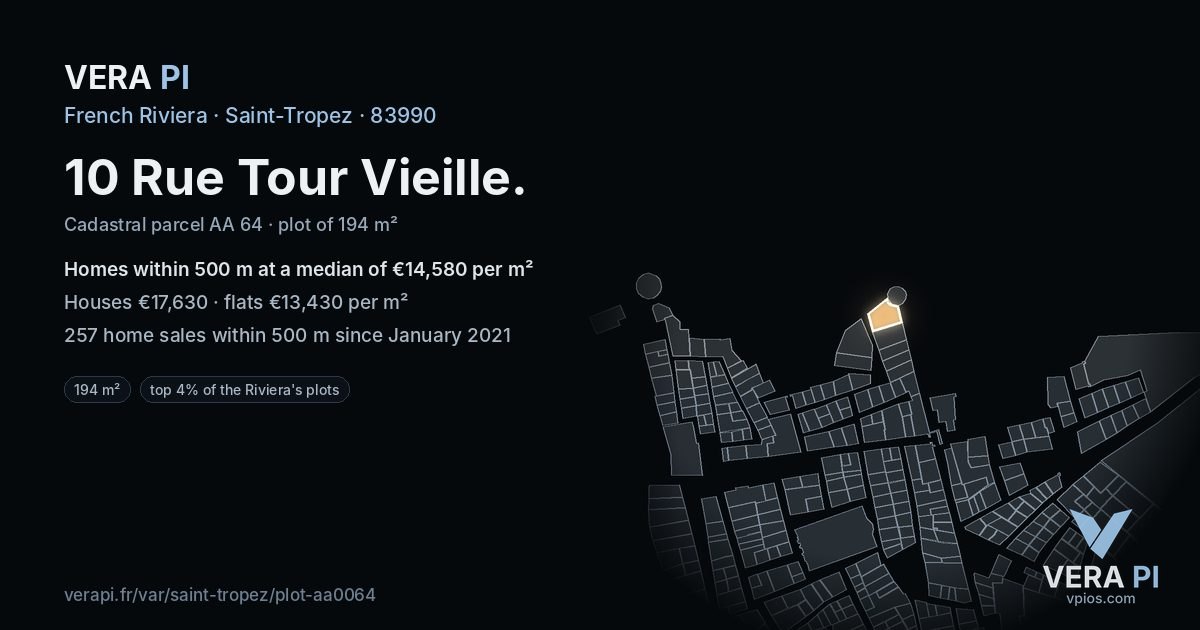 10 Rue Tour Vieille, Saint-Tropez at night – the plot lit, the parcels around coloured by the prices near them