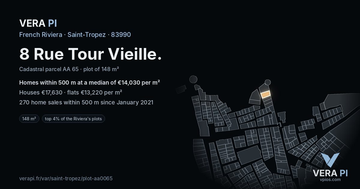 8 Rue Tour Vieille, Saint-Tropez at night – the plot lit, the parcels around coloured by the prices near them