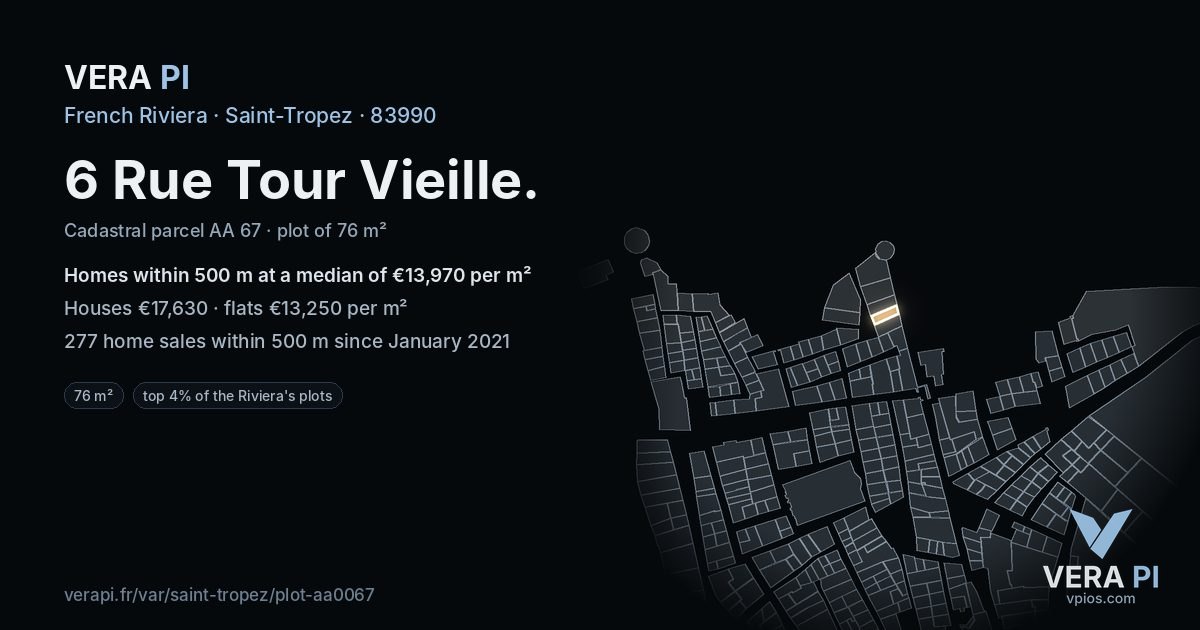 6 Rue Tour Vieille, Saint-Tropez at night – the plot lit, the parcels around coloured by the prices near them