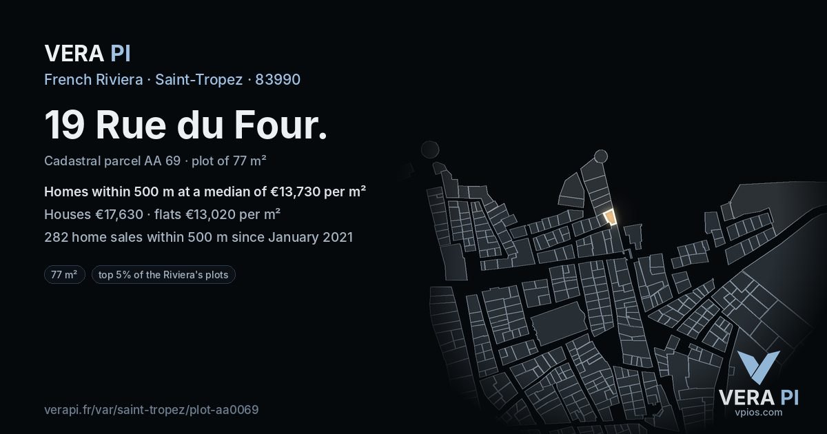 19 Rue du Four, Saint-Tropez at night – the plot lit, the parcels around coloured by the prices near them