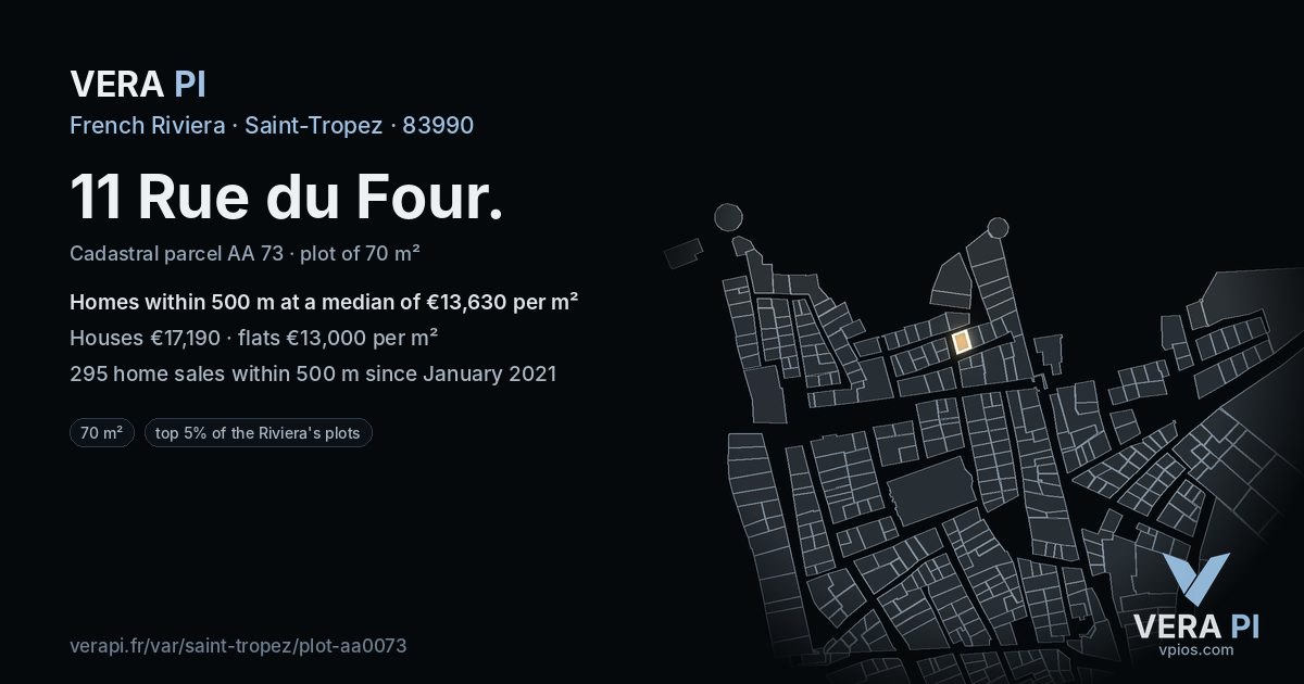 11 Rue du Four, Saint-Tropez at night – the plot lit, the parcels around coloured by the prices near them