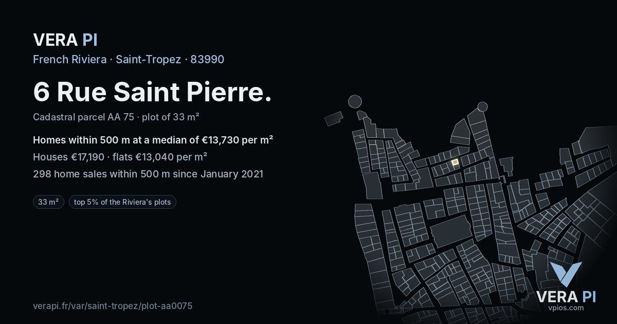6 Rue Saint Pierre, Saint-Tropez at night – the plot lit, the parcels around coloured by the prices near them