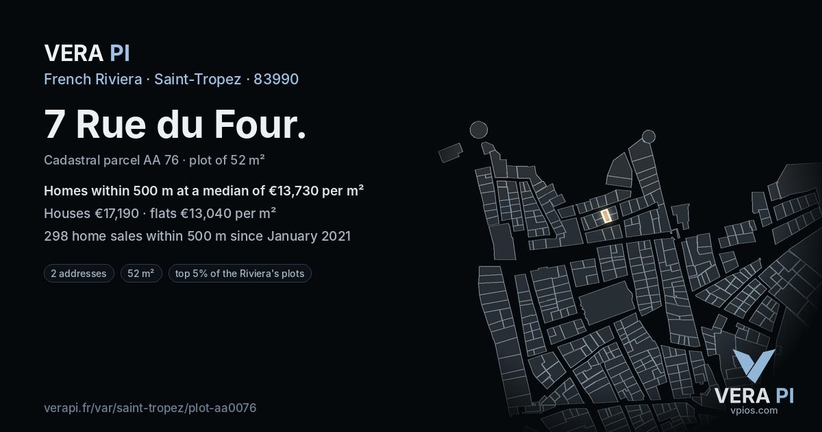 7 Rue du Four, Saint-Tropez at night – the plot lit, the parcels around coloured by the prices near them